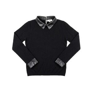 Sioni Milano Womens XS Black Sweater Faux Leather Collar and Cuffs Long Sleeve